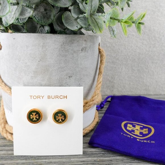 Tory Burch Kira Enamel Circle Stud Earrings Green/Tory Gold OS - Picture 3 of 12